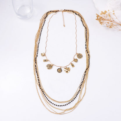 Layered Bead Chain Geometric Charm Statement Necklace