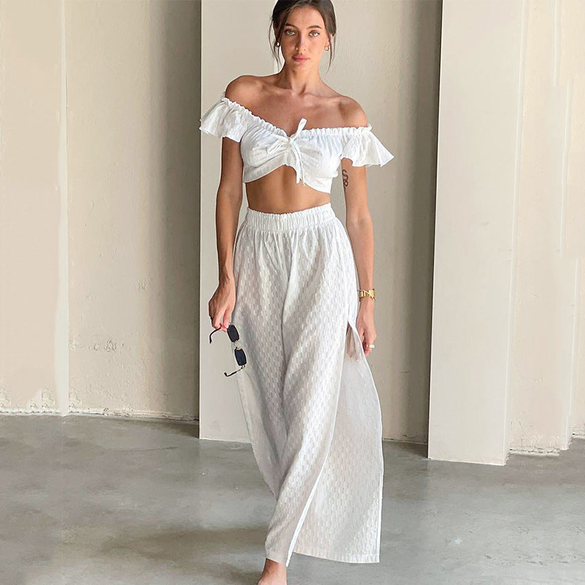 Summer Sexy Pants Set Women Ruffled Stitching Flying Sleeves Jacquard Slit