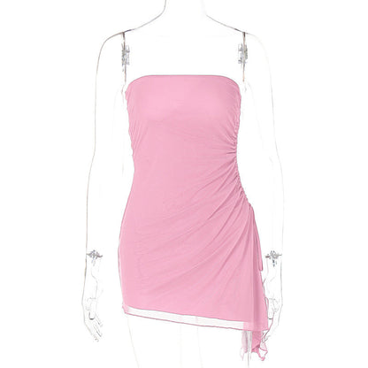 Strapless Ruched Mesh High Split Asymmetric Hem Bodycon Mini Dress