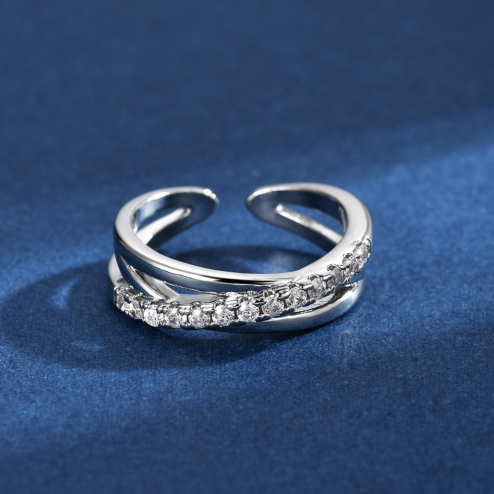 Diamond Cross Line Geometric Open Knuckle Ring