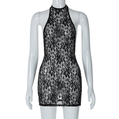 Floral Lace Halter Tie Backless Side Cut Out Mini Dress