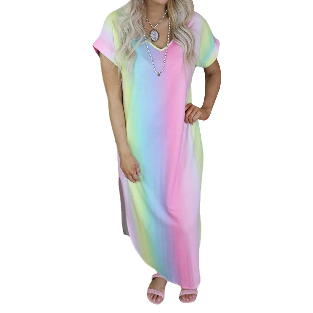 Summer Women Clothing Tie-Dye Printed V-neck Short Sleeve Loose Casual Dress Maxi Dress