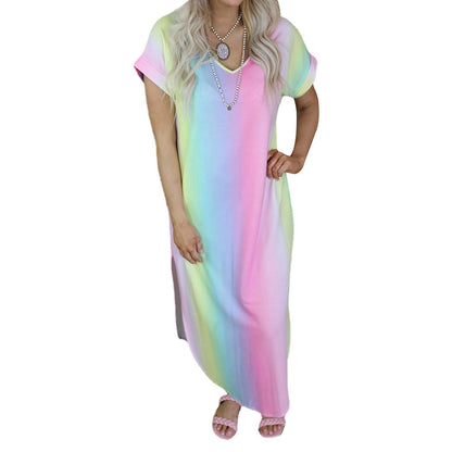Summer Women Clothing Tie-Dye Printed V-neck Short Sleeve Loose Casual Dress Maxi Dress