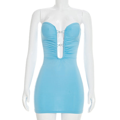 Strapless Ruched Keyhole Hardware Bodycon Mini Dress