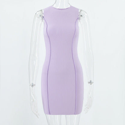 Summer Women Round Neck Sleeveless Solid Color Slim Sheath Dress