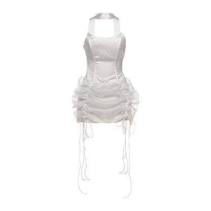 Strapless Corset Choker Strap Ruched Puff Hem Tie Detail Mini Dress
