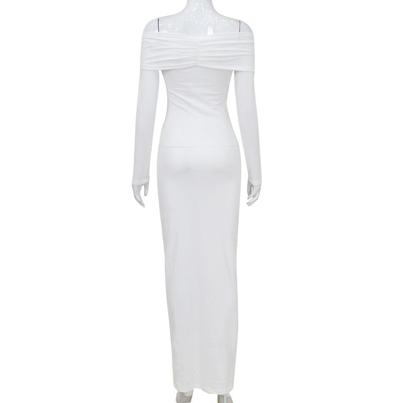 Solid Color Sexy French off Shoulder Tube Top Long Sleeve Autumn Winter Women’s Pleated Elegant Dress Women