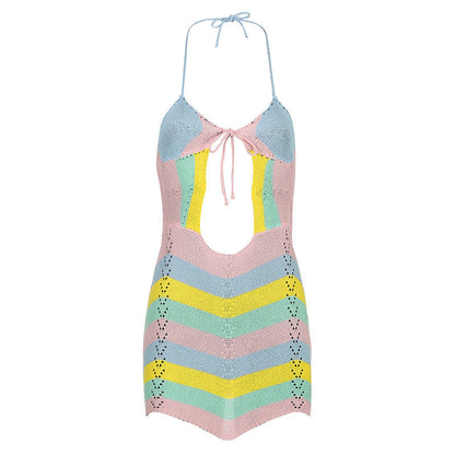 Knit Halter Neck Tie Front Cut Out Mini Dress