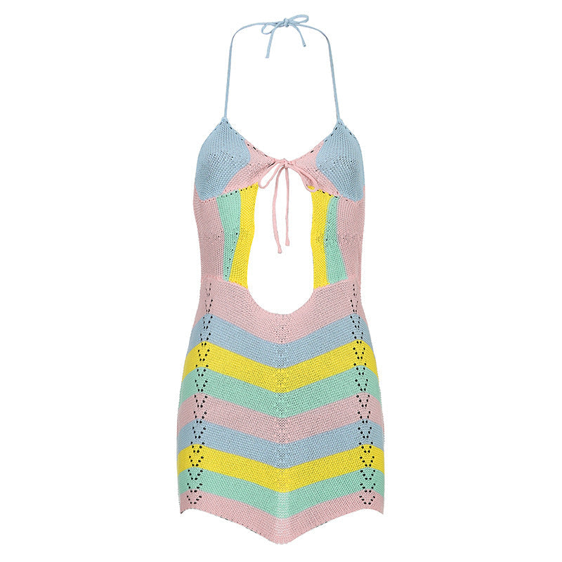 Knit Crochet Halter Neck Keyhole Cut Out Striped Bodycon Mini Dress