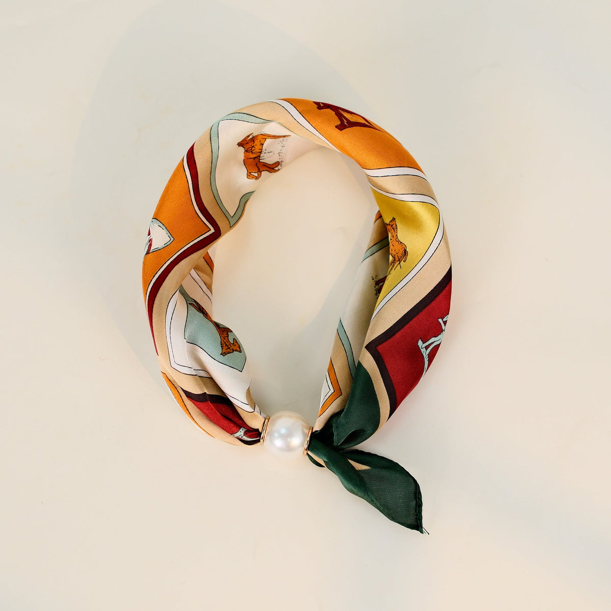 Vintage Horse Print Pearl Magnetic Buckle Neck Scarf