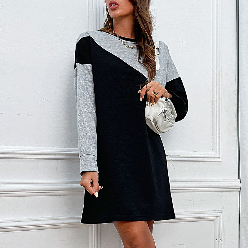 Contrast Color Loose Sweater Dress Long Sleeve Color Matching Fall Women Clothing Dress