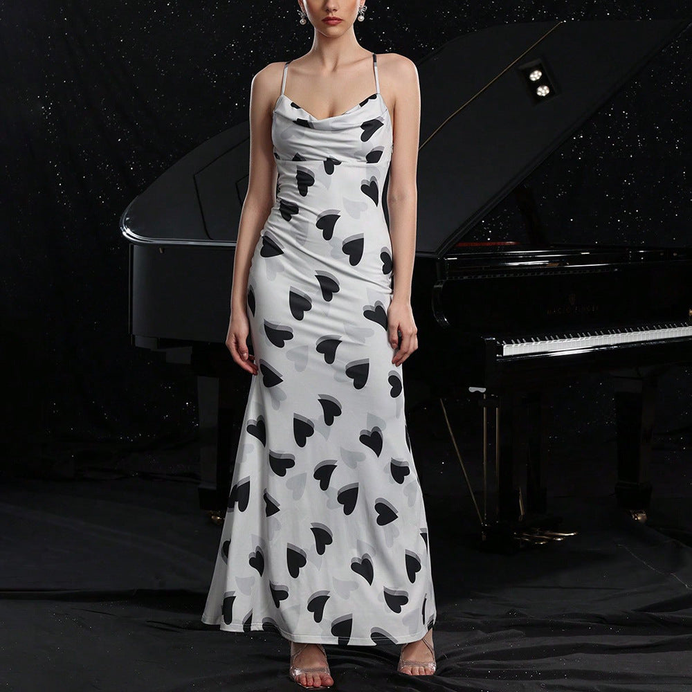 Summer Women Wear Sexy Sling Dress Heart Printing Backless Slim Fit Vacation Dress