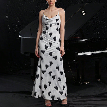 Summer Women Wear Sexy Sling Dress Heart Printing Backless Slim Fit Vacation Dress