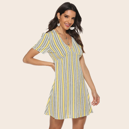 Summer Lemon Yellow Striped Sexy Women Dress V-neck Vitality Sweet Short Sleeve Dress