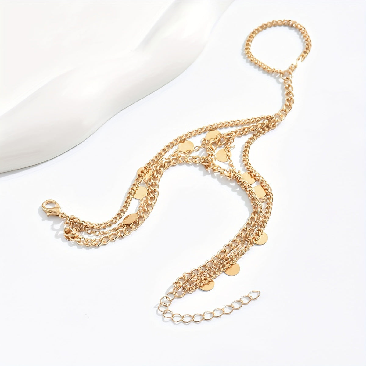 Layered Metal Disc and Chain Finger Bracelet
