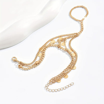 Layered Metal Disc and Chain Finger Bracelet