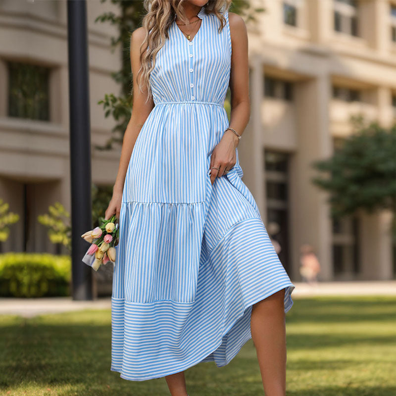 Summer Long Dress Women Clothing Vertical Stripes Sleeveless Dress