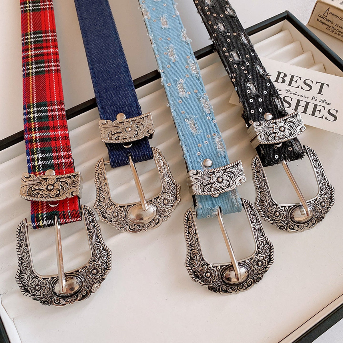 Distressed Denim Pattern Metal Belt
