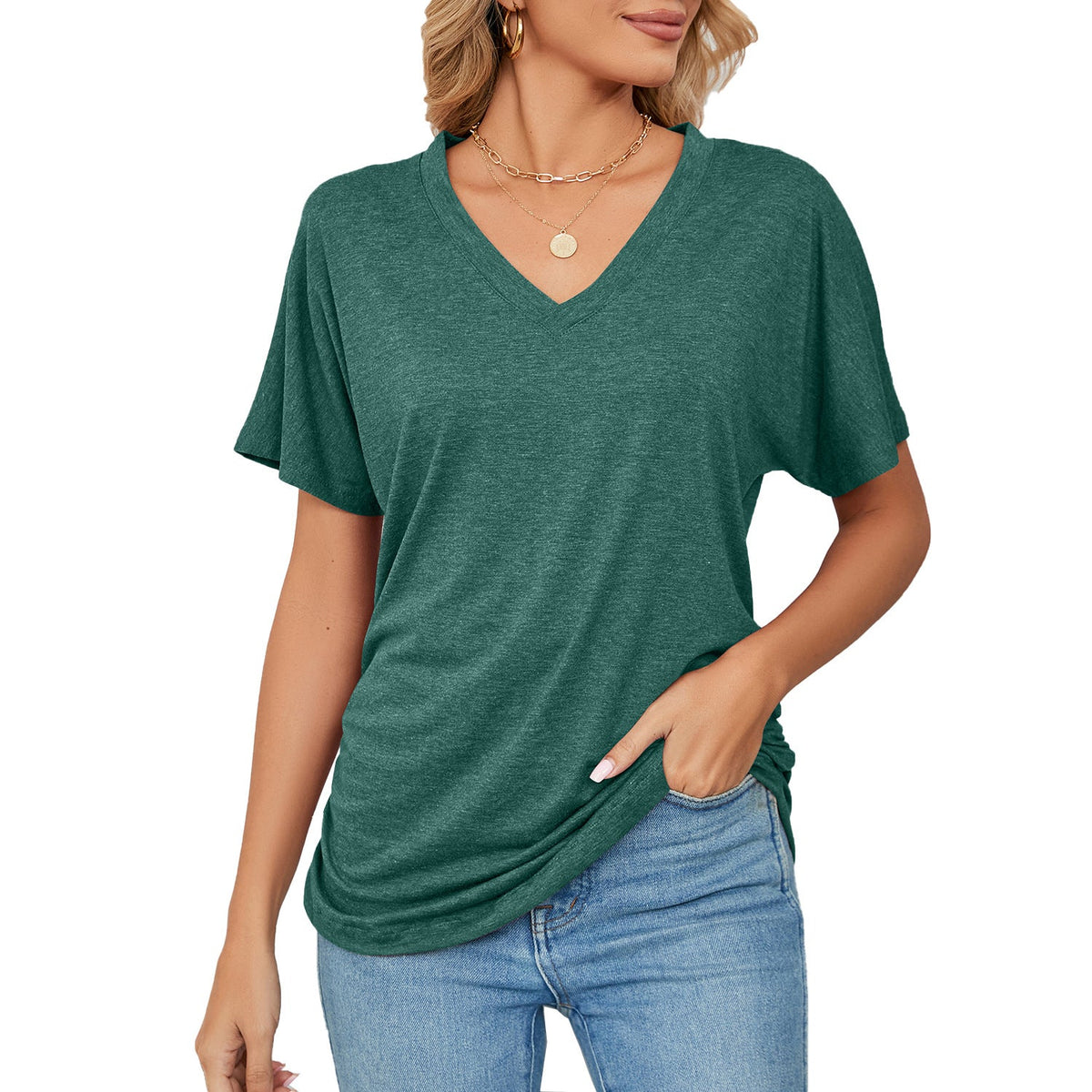 Summer Casual Pullover V Neck Solid Color Loose T Shirt Women Top