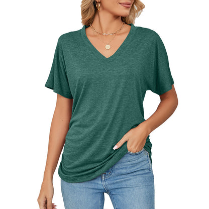 Summer Casual Pullover V Neck Solid Color Loose T Shirt Women Top