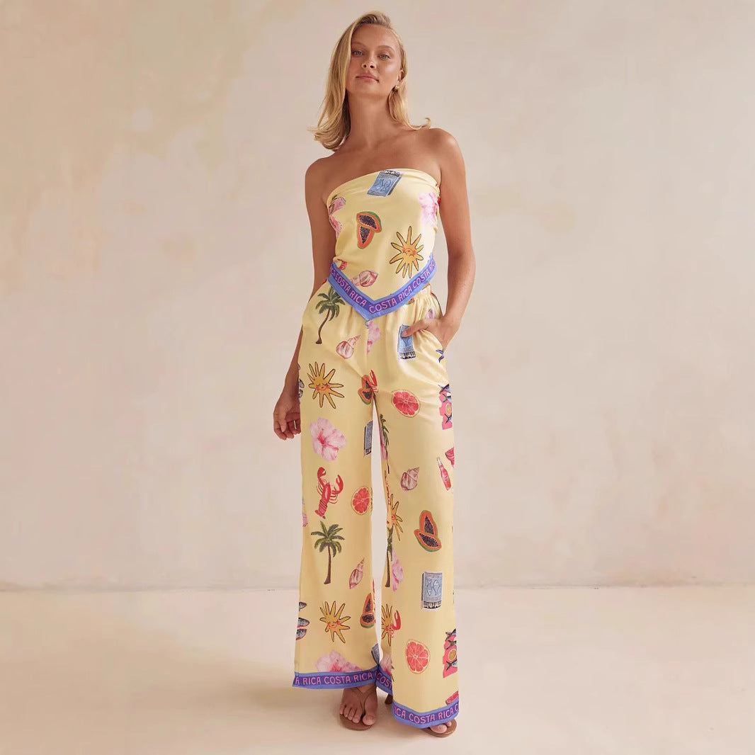 Summer Positioning Sexy Print Tube Top Wide Leg Two Piece Sets