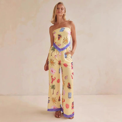 Summer Positioning Sexy Print Tube Top Wide Leg Two Piece Sets