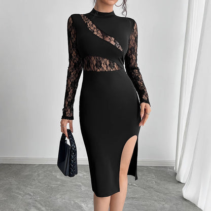Lace Sleeve Mock Neck Cut Out High Split Bodycon Midi Dress