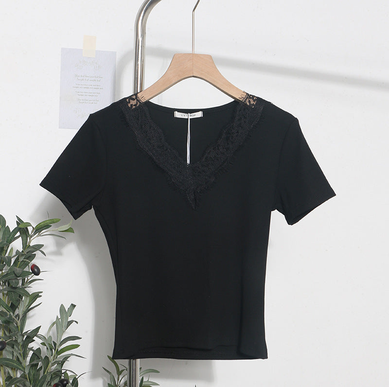 Summer Romantic Lace V neck Sexy T shirt Short Small Slim Short Sleeved Tops