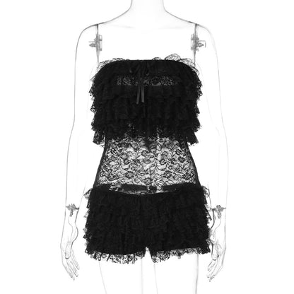 French Women Wear Autumn Sexy Mesh Lace Tube Top Jumpsuit Women