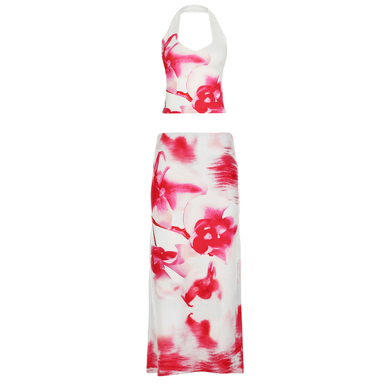 Summer Women Printed Sexy Bandeau Sling Slim Skirt Two Piece Sets