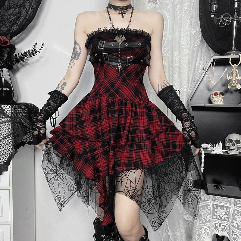 Summer Type Hip Socialite Elegant Sexy Red Plaid Tube Top Dress Women