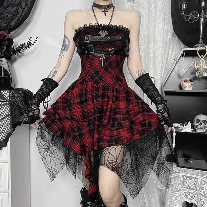 Summer Type Hip Socialite Elegant Sexy Red Plaid Tube Top Dress Women