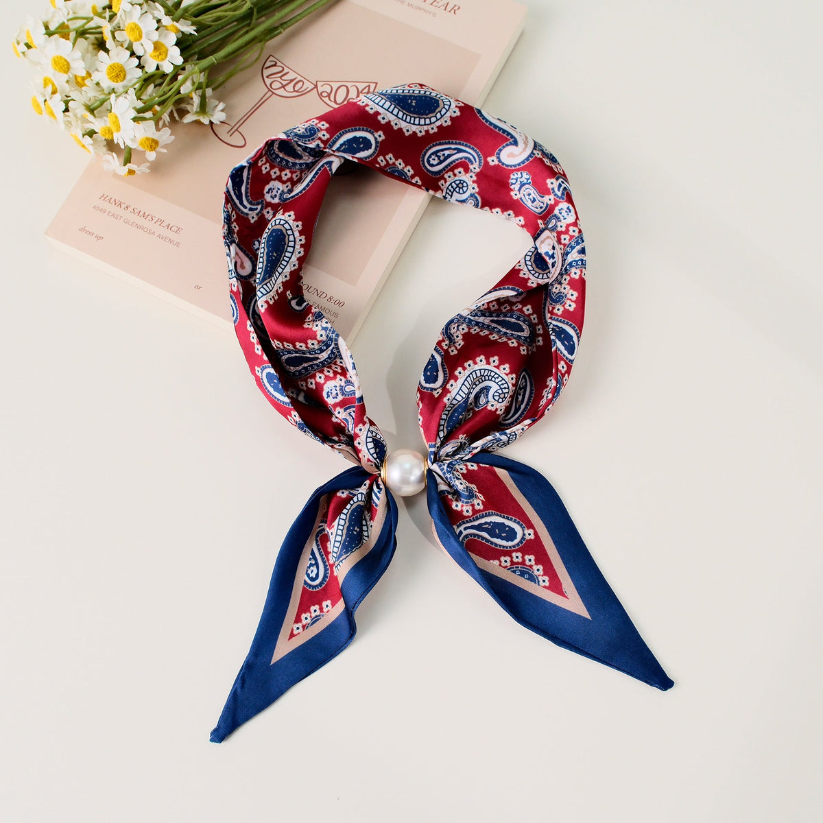Pearl Magnetic Buckle Paisley Print Neck Ribbon Scarf