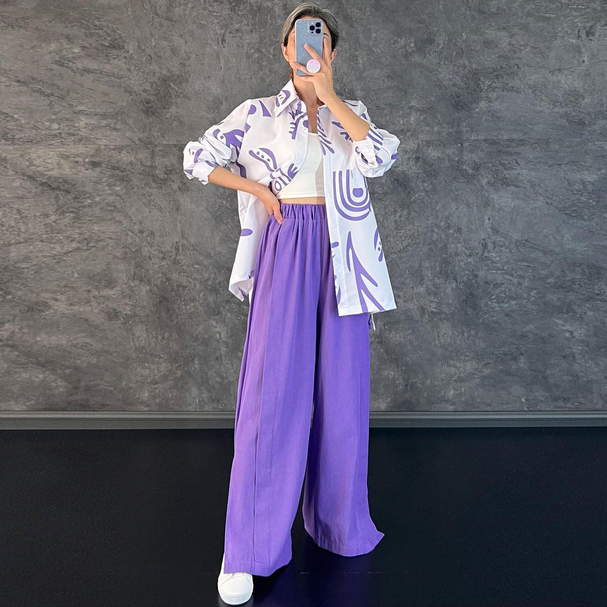 Women Clothing Casual Long Sleeve Printed Shirt High Waist Slit Wide Leg Pants Set Amplified craft