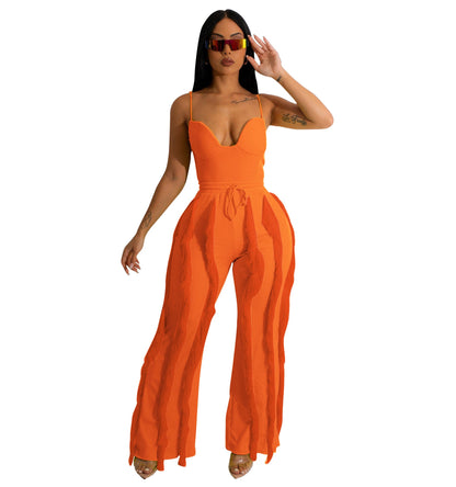 Summer Women Clothing Tassel Lace Suit Sexy Sling Two Piece Set