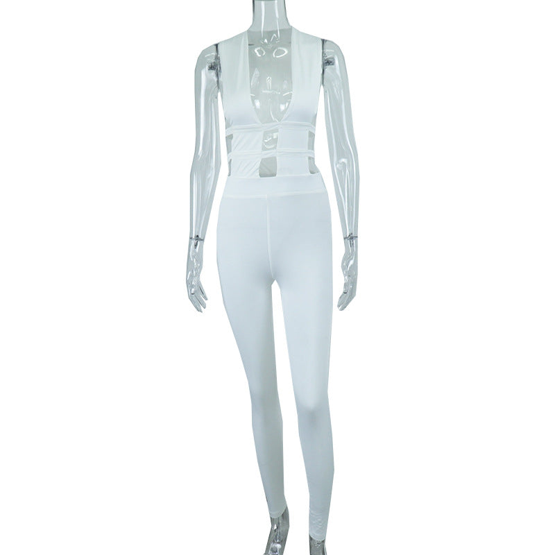 Summer Solid Color Trousers Hollow Out Cutout out Stitching High Waist Slimming Hip Raise Casual Jumpsuit