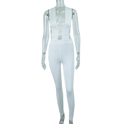 Summer Solid Color Trousers Hollow Out Cutout out Stitching High Waist Slimming Hip Raise Casual Jumpsuit
