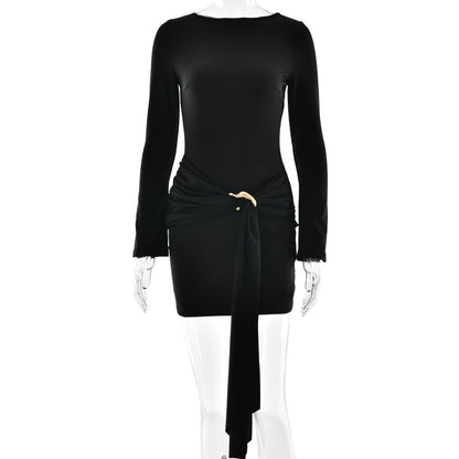 Boat Neck Ruched Side Buckle Sash Bell Sleeve Bodycon Mini Dress