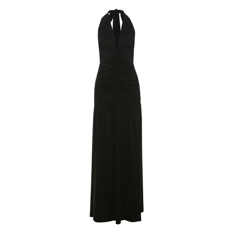 Summer Women Clothing Elegant Halter V neck Dress Sexy Slit Pleated Backless Dress