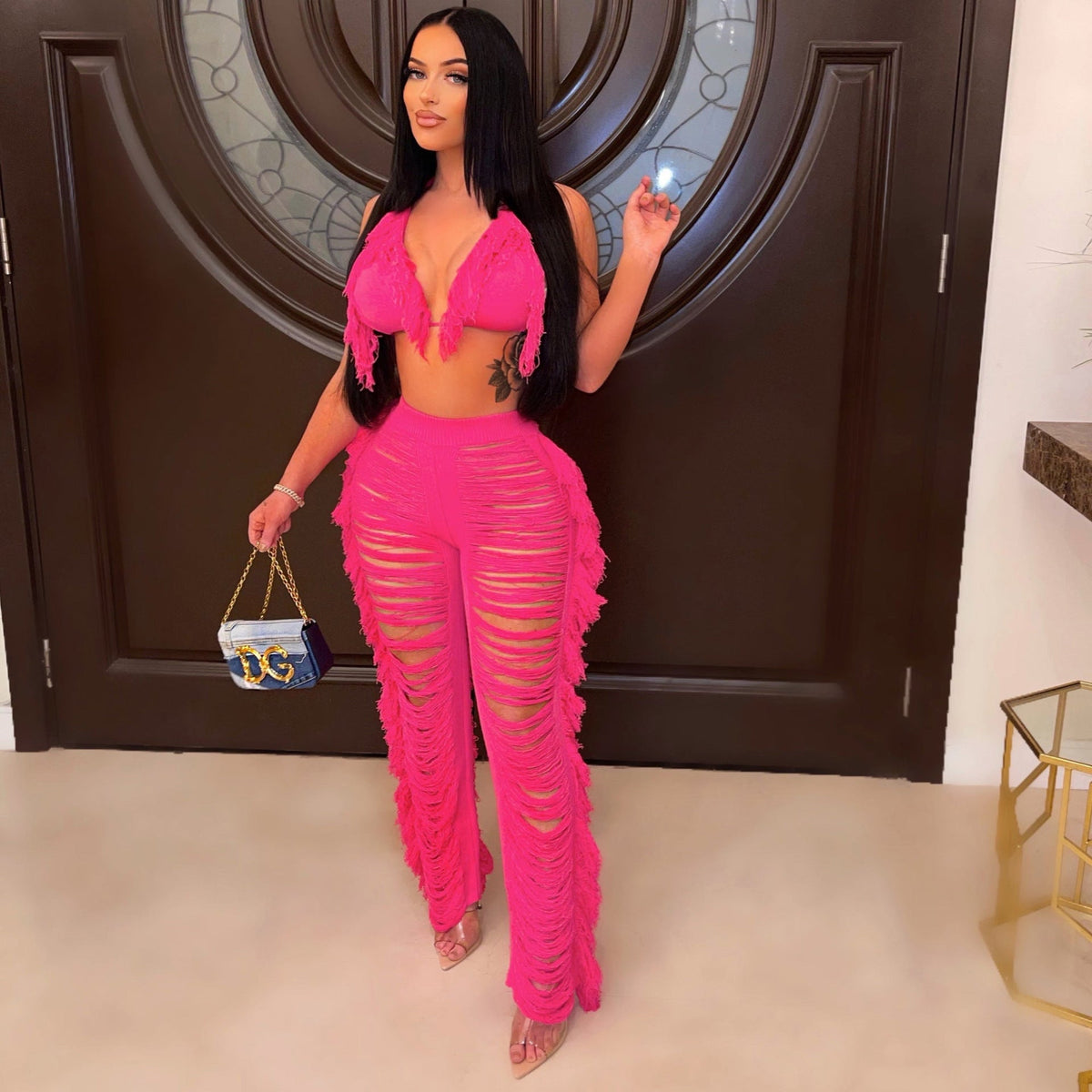 Summer Women Clothing Sexy Tassel Knitted Trousers Suit