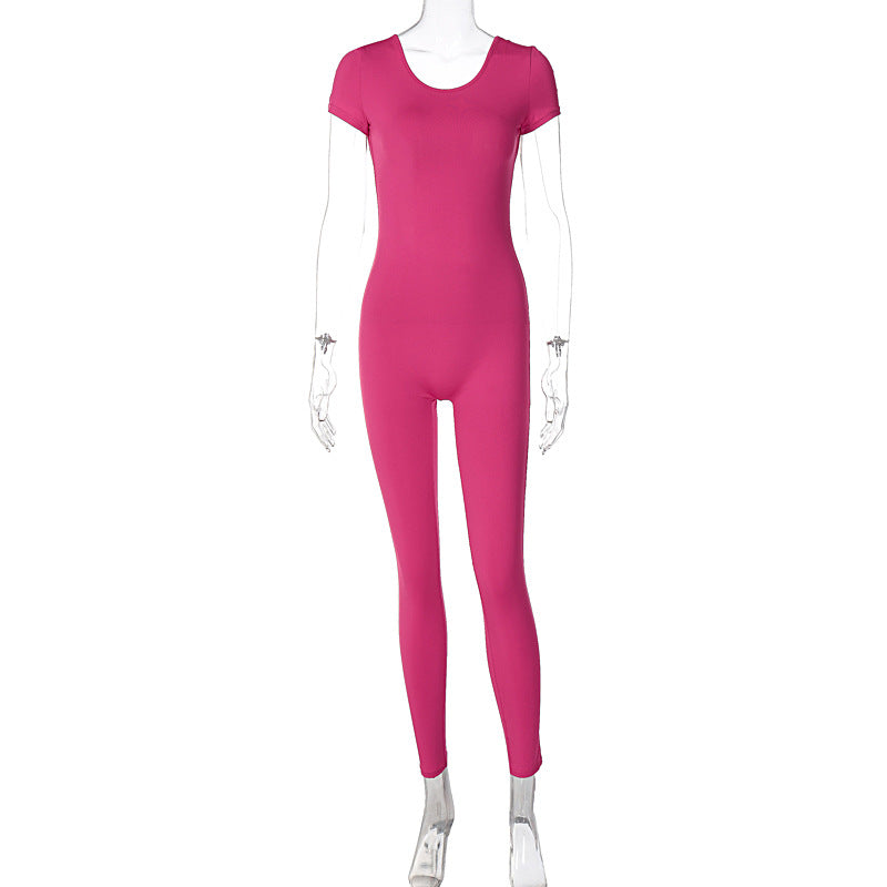 Summer Women Clothing Solid Color Short Sleeve Backless Slim Fit Hip Lifting Sport Fitness Jumpsuit Women