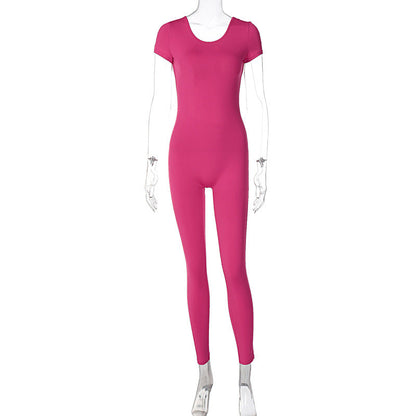 Summer Women Clothing Solid Color Short Sleeve Backless Slim Fit Hip Lifting Sport Fitness Jumpsuit Women