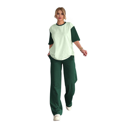 Summer Contrast Color round Neck Short Sleeved T shirt Women Casual Wide Leg Pants Two Piece Sets