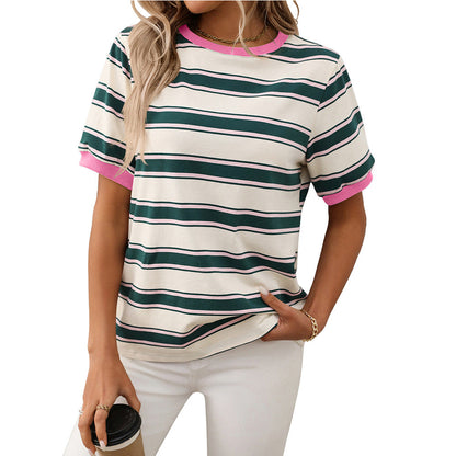 Summer round Neck Loose Top Striped Contrast Color Short Sleeve T shirt