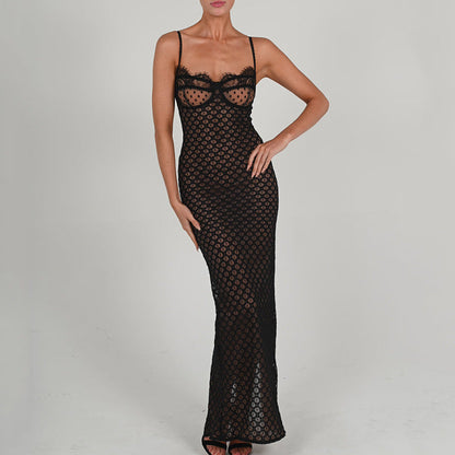 Lace Overlay Sweetheart Spaghetti Strap Bodycon Maxi Dress