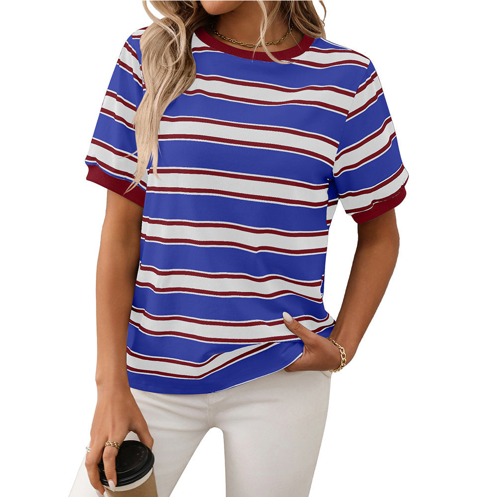 Summer round Neck Loose Top Striped Contrast Color Short Sleeve T shirt