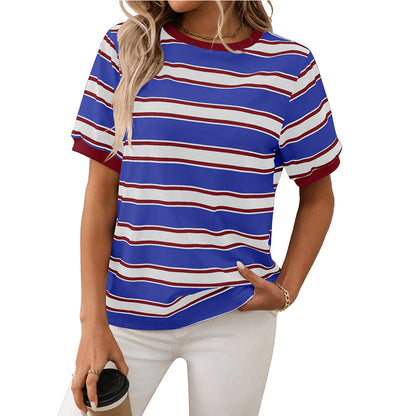 Summer round Neck Loose Top Striped Contrast Color Short Sleeve T shirt