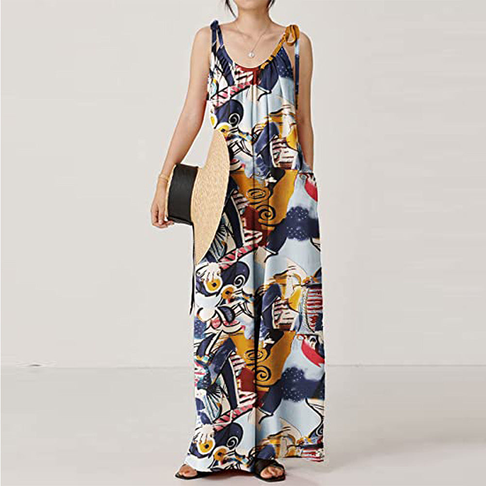 Summer Women Clothing Printed Sling Loose Casual Jumpsuit