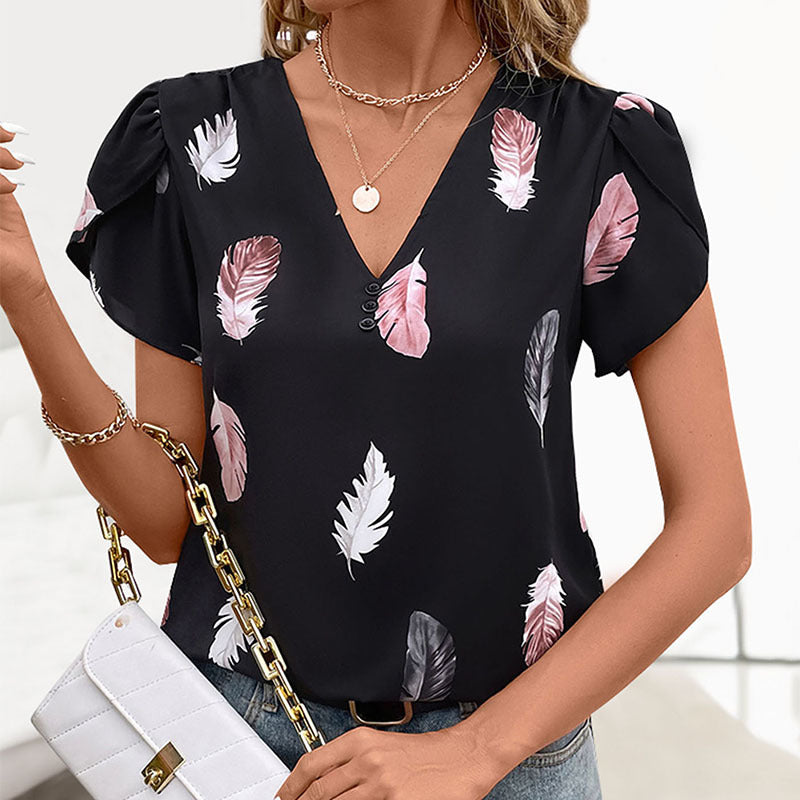 Top Personality V neck Puff Sleeve Feather Printed Shirt for Women