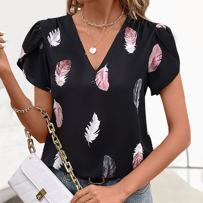 Top Personality V neck Puff Sleeve Feather Printed Shirt for Women
